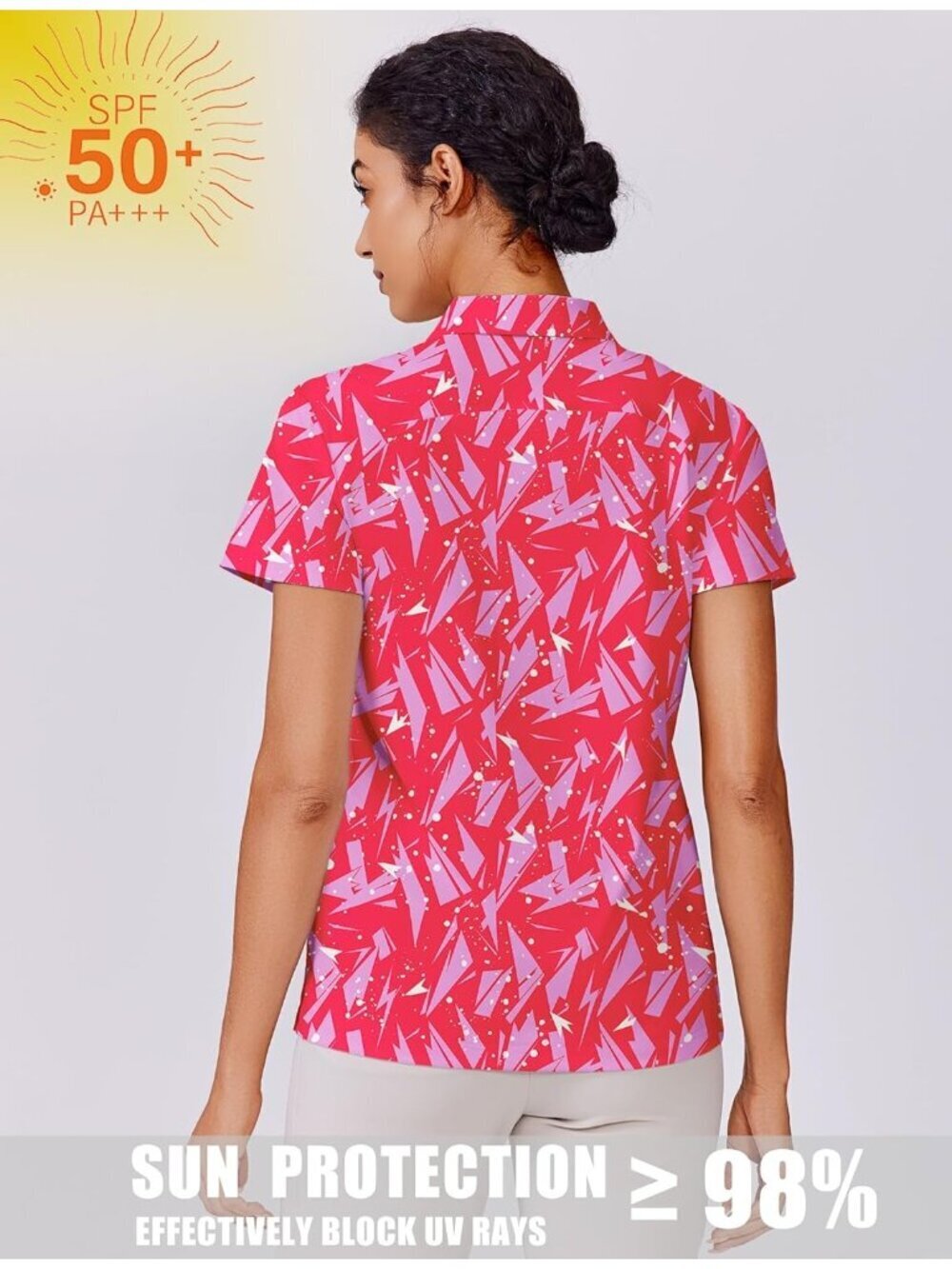 Womens Geometry Pink Golf Shirt UPF50+ Polo Short Sleeve 3 Button Tennis Top - Picture 4 of 6